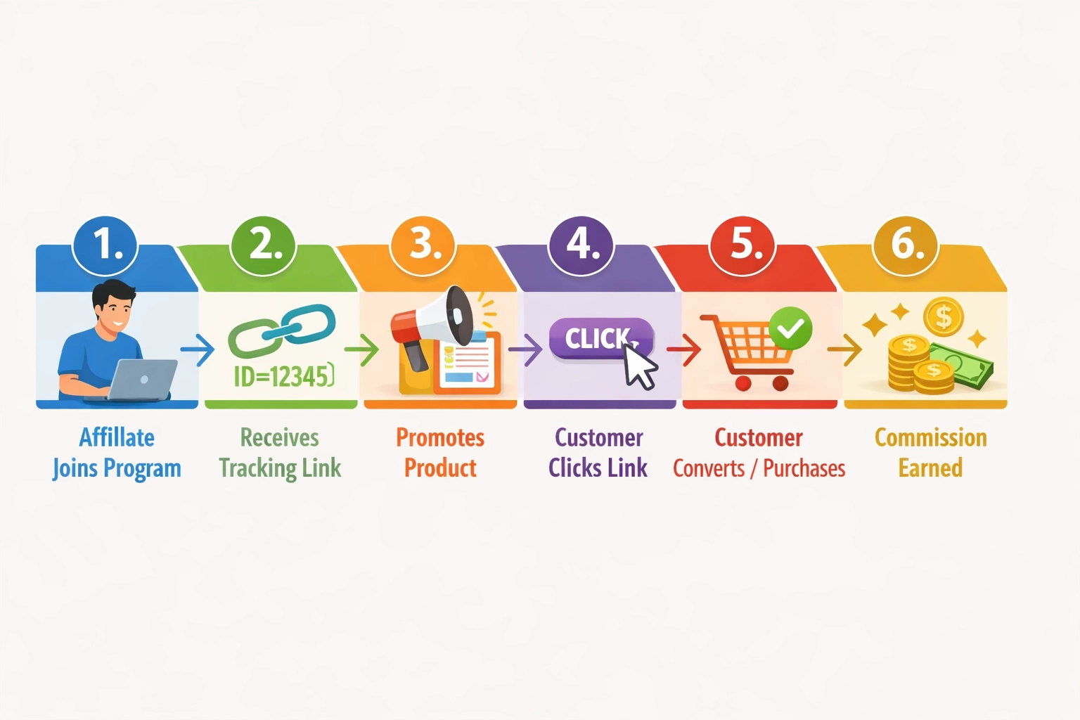 Six-step process flow showing how affiliate marketing works from joining to earning commission