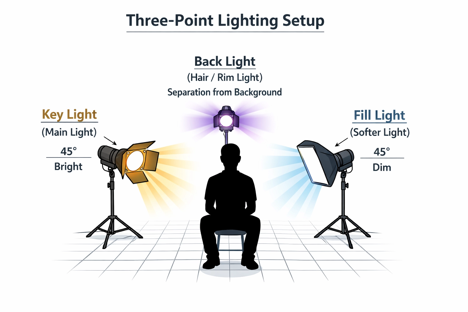 Three-point lighting setup diagram for video production showing key light, fill light, and back light positioning