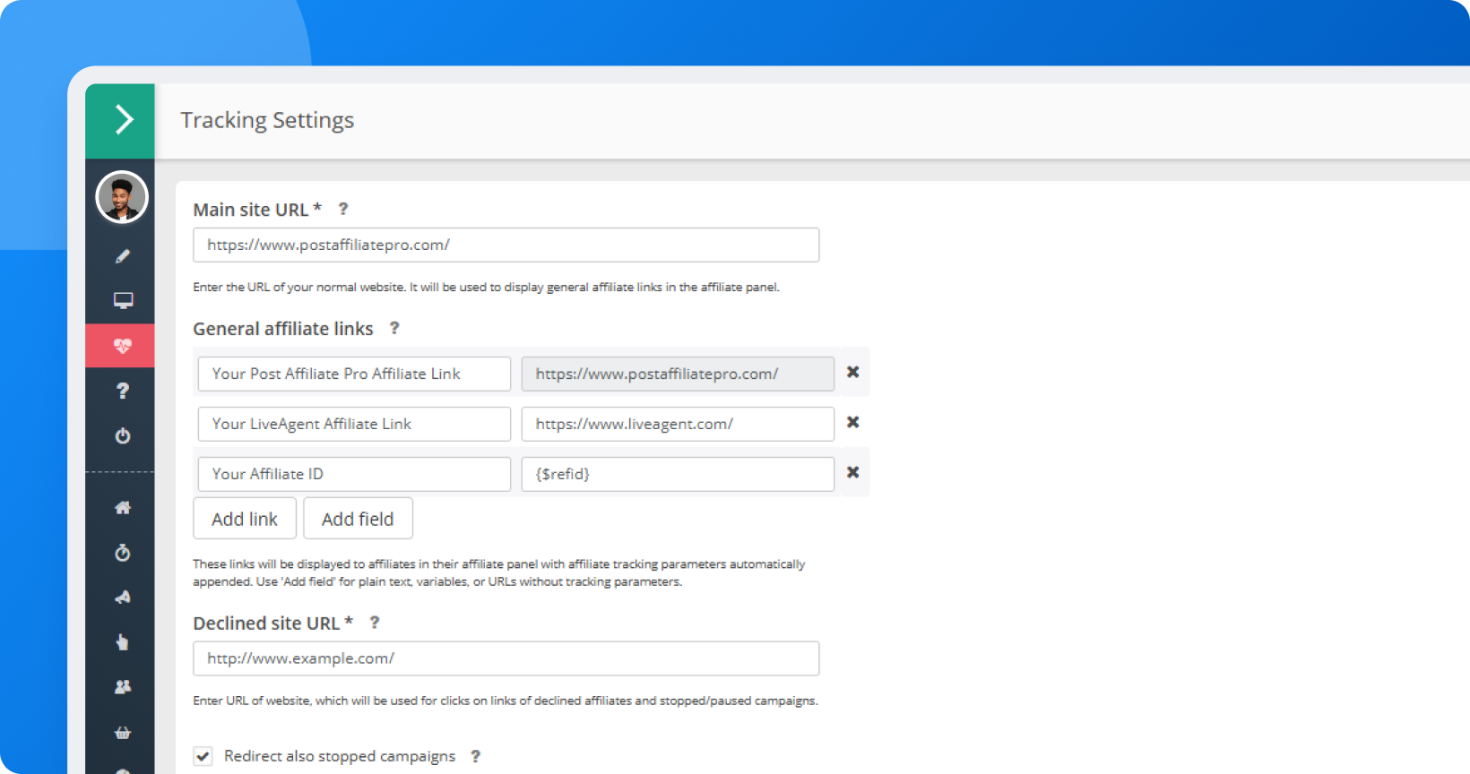 Post Affiliate Pro Configuration screen showing multiple general affiliate links for different storefronts and domains