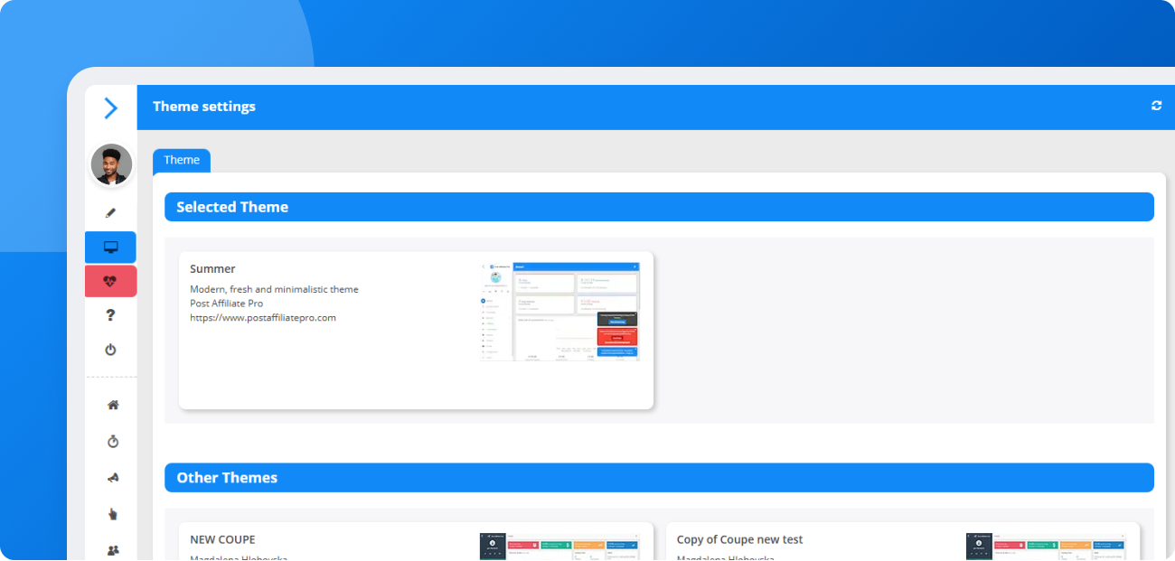 Preview of the Post Affiliate Pro Summer Theme applied to merchant and affiliate panels, featuring a modern blue layout and refreshed UI elements