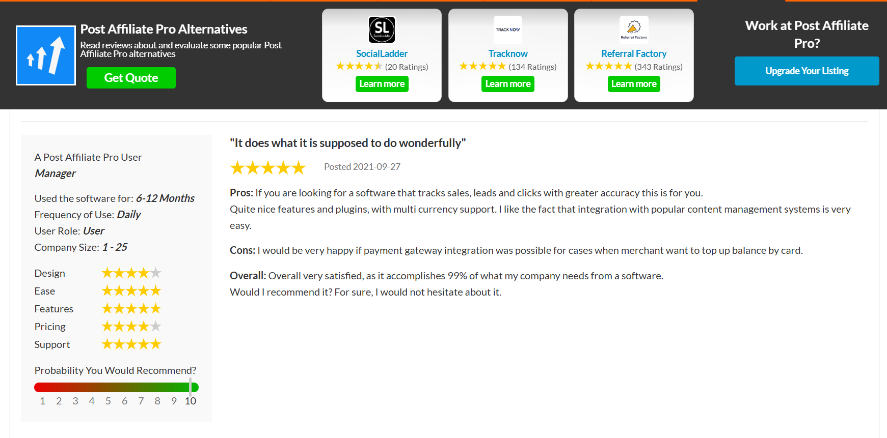 Post Affiliate Pro recognized as a Category Leader by SourceForge