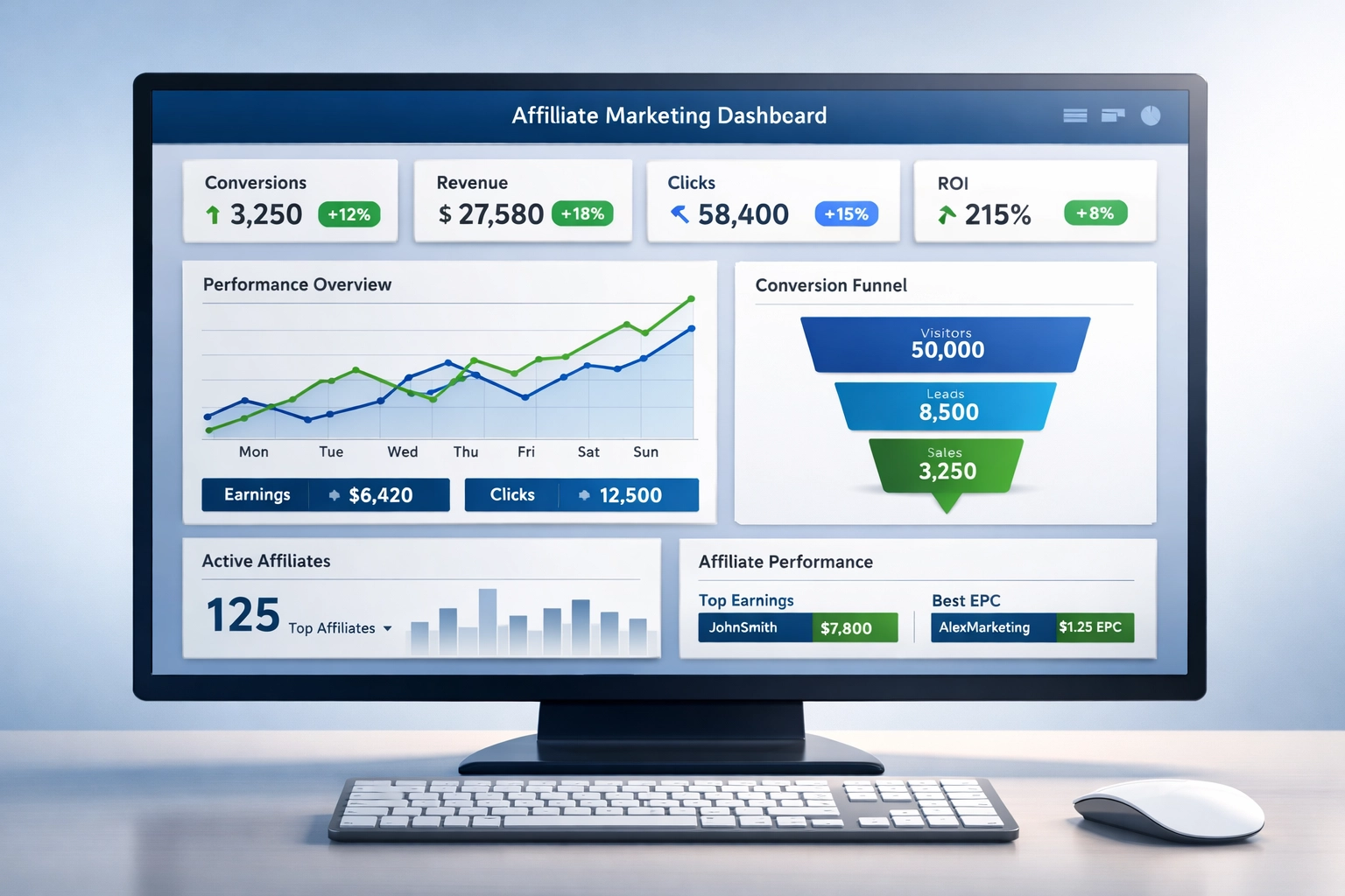 Affiliate marketing dashboard with real-time performance metrics and KPI tracking