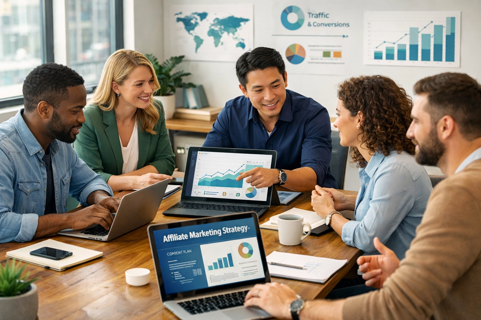 Professional diverse team of affiliate marketers collaborating in a modern office