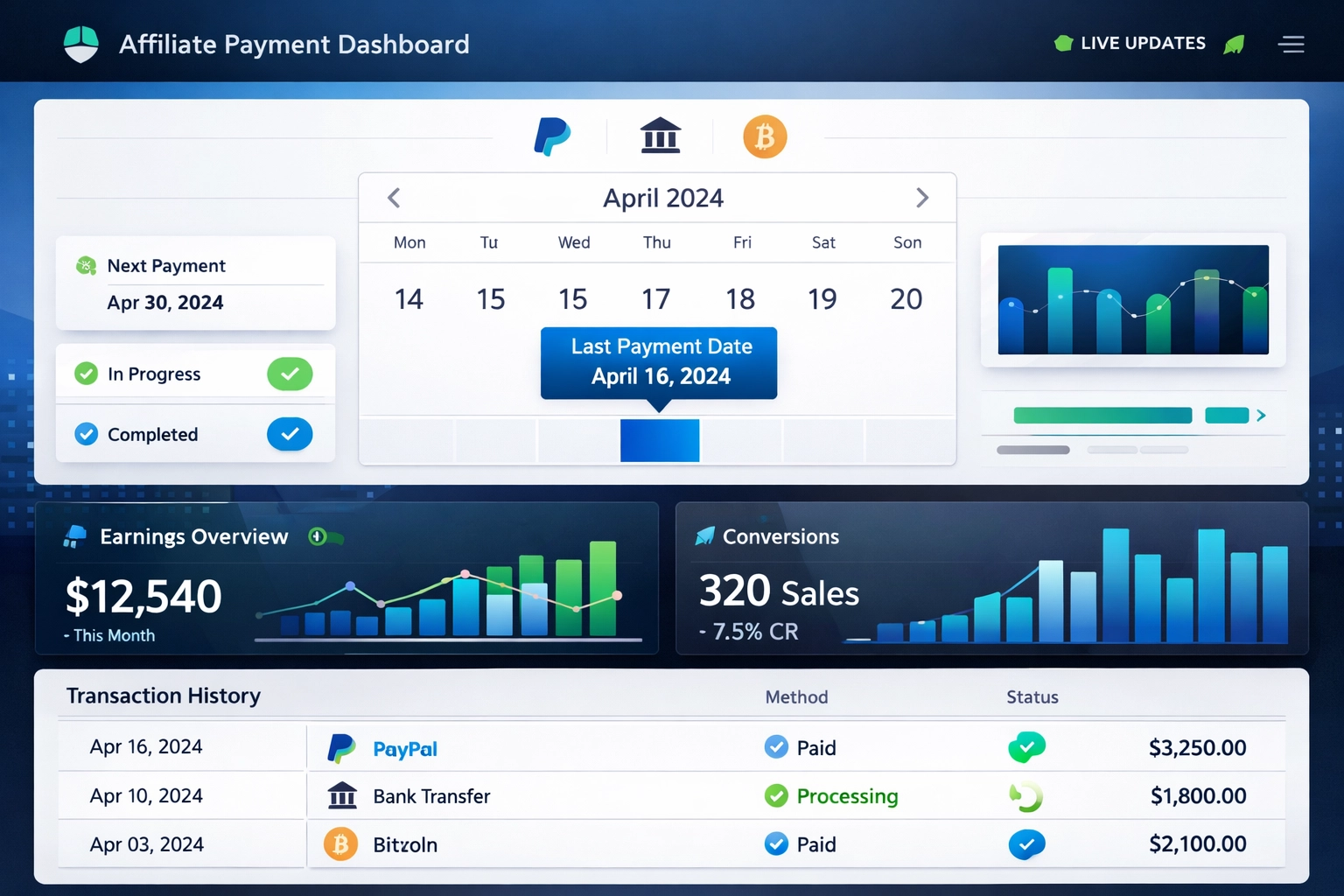 Modern affiliate payment dashboard showing real-time payment tracking with Last Payment Date field