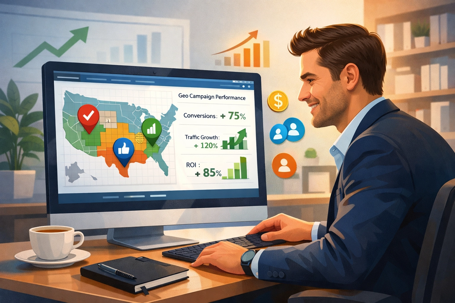 Small business owner analyzing geotargeting campaign results on computer with analytics dashboard and success metrics