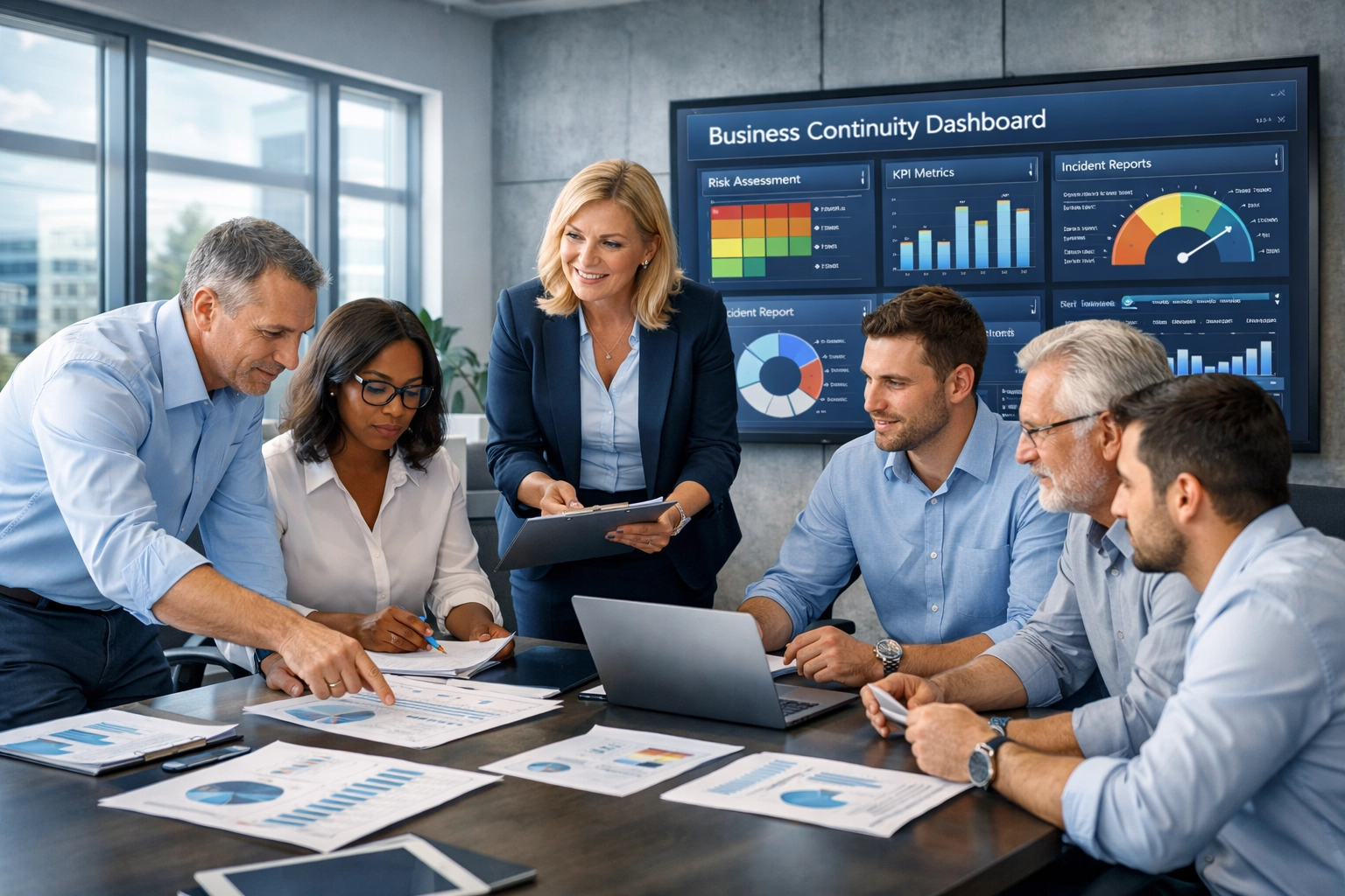 Business team collaborating on continuity strategy with digital dashboards