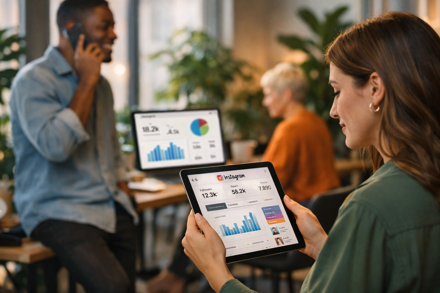 Professional Instagram marketing team working with analytics dashboards