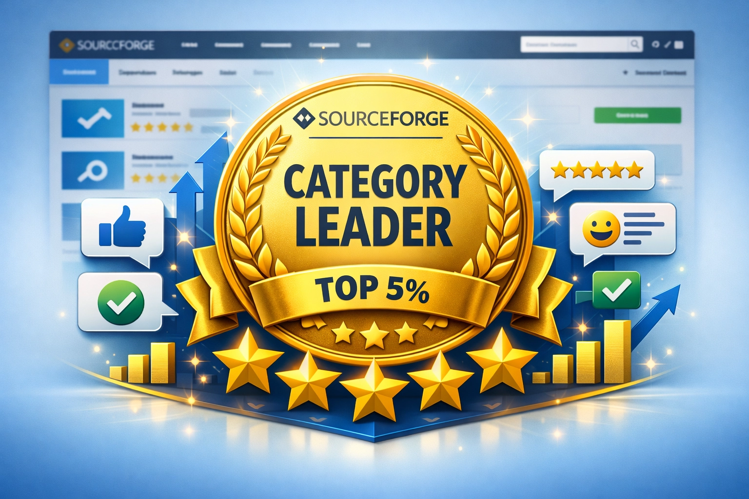SourceForge Category Leader Award badge with five-star ratings and recognition symbols