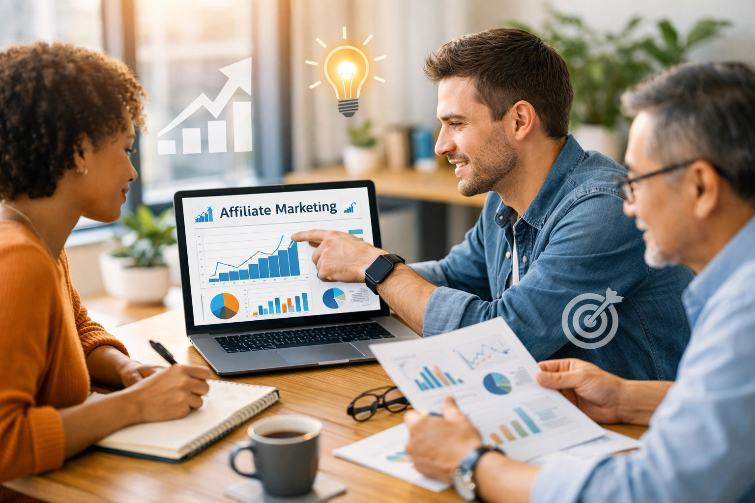 Diverse team learning affiliate marketing together in modern office