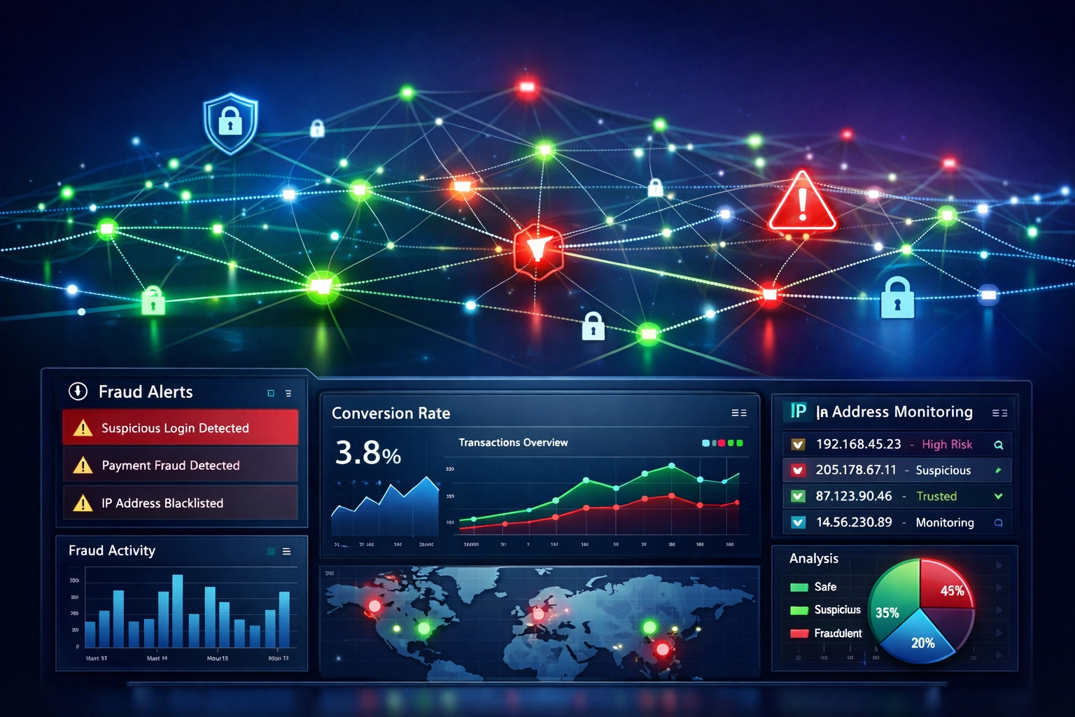 Digital security and fraud detection visualization showing network monitoring dashboard with real-time alerts