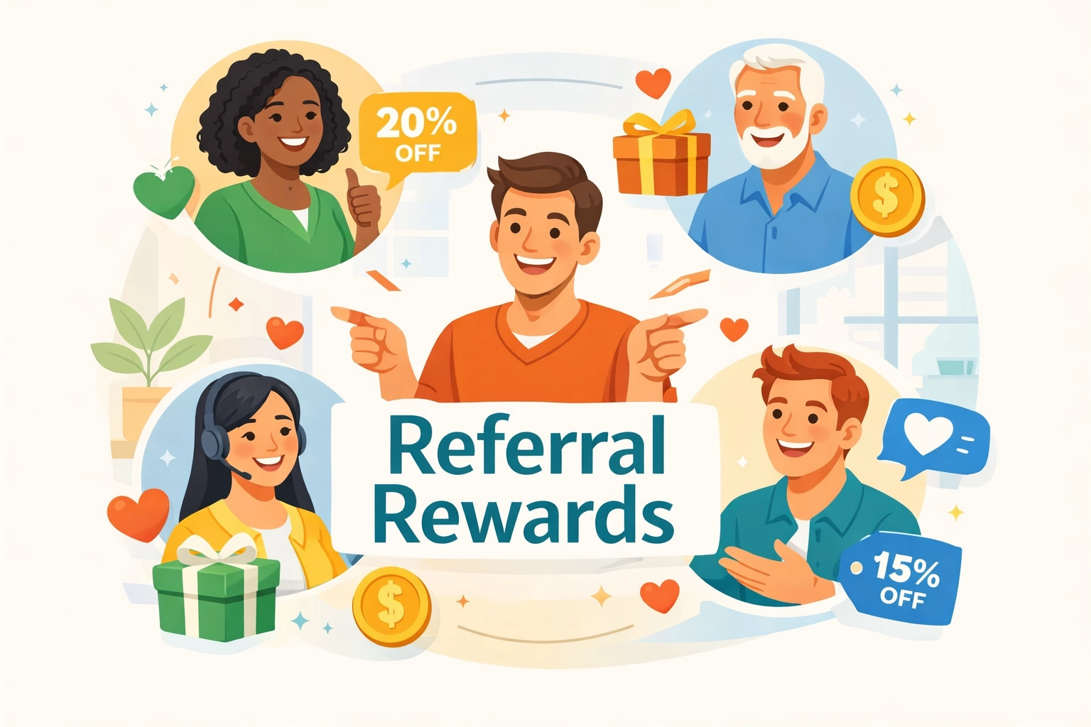 Referral program rewards showing diverse customers sharing and receiving incentives