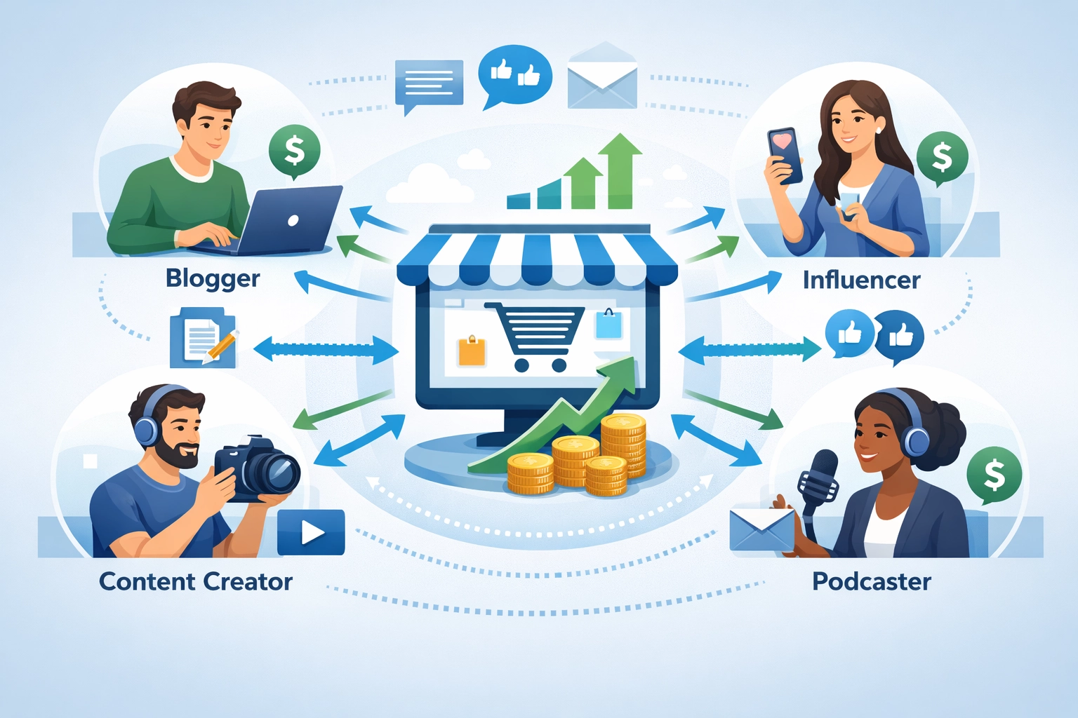 Affiliate marketing ecosystem showing multiple affiliates driving traffic and sales to a central online store