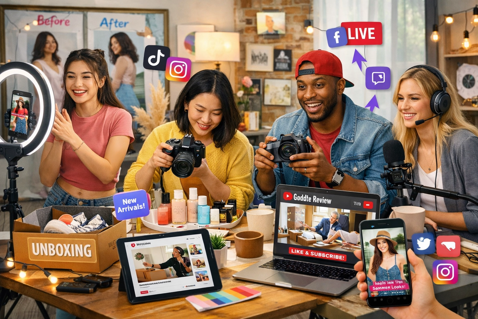 Diverse creators producing authentic user-generated content across multiple platforms