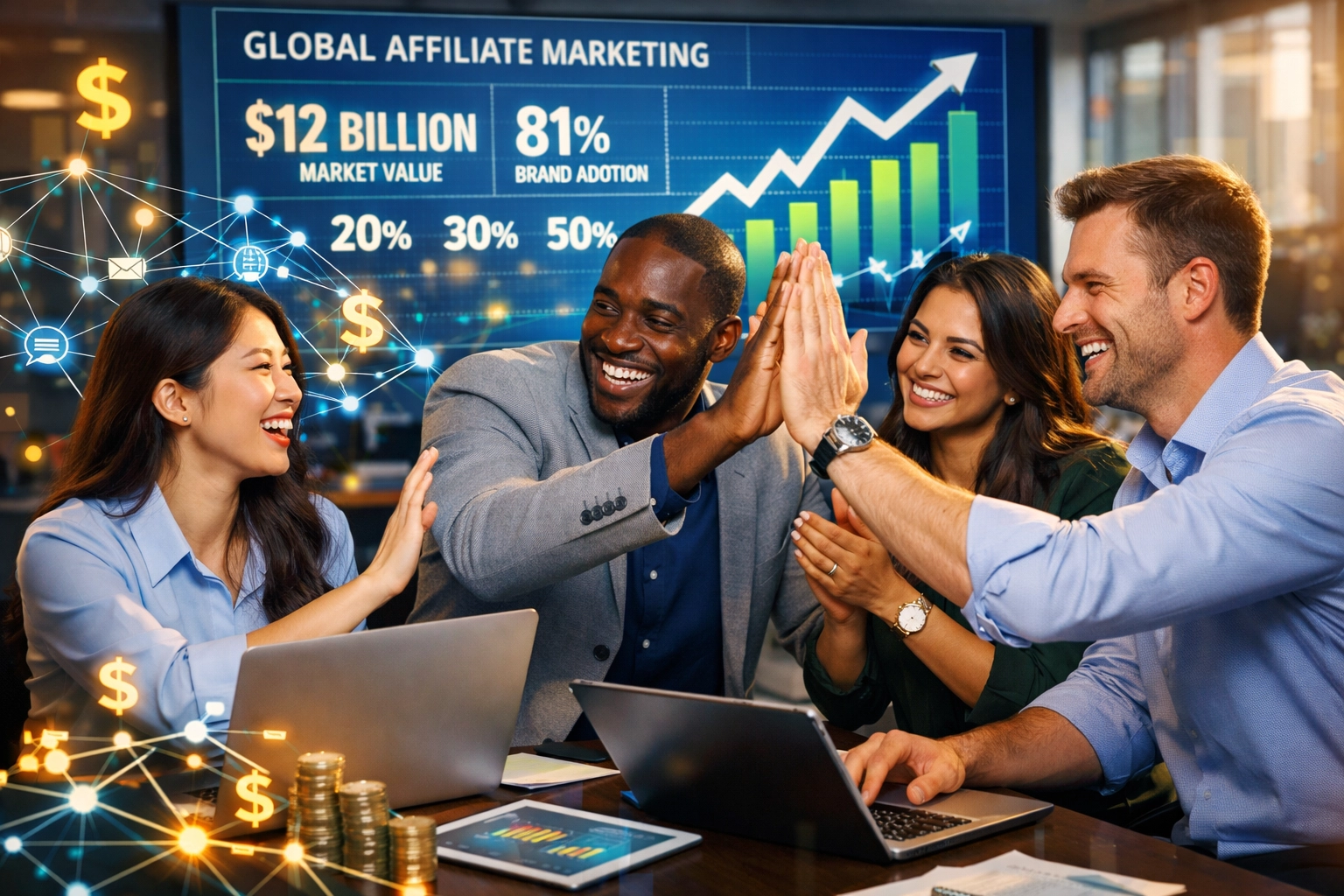 Diverse team of successful affiliate marketers collaborating with growth charts and revenue statistics