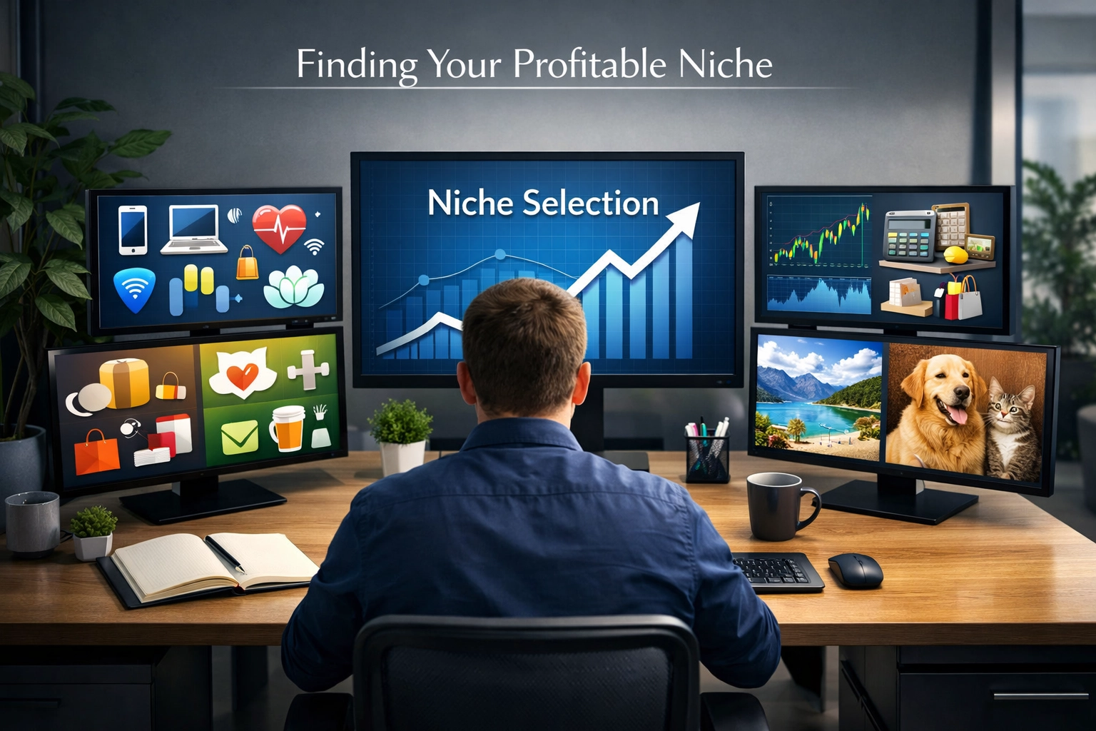 Professional workspace showing affiliate marketing niche selection with multiple monitors displaying different niche categories