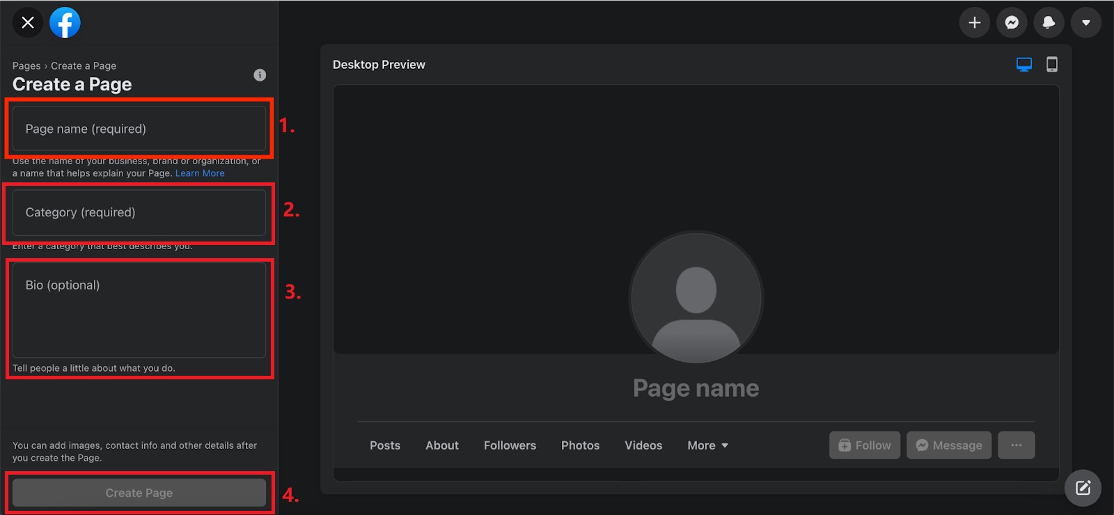 Steps to create a new Facebook page