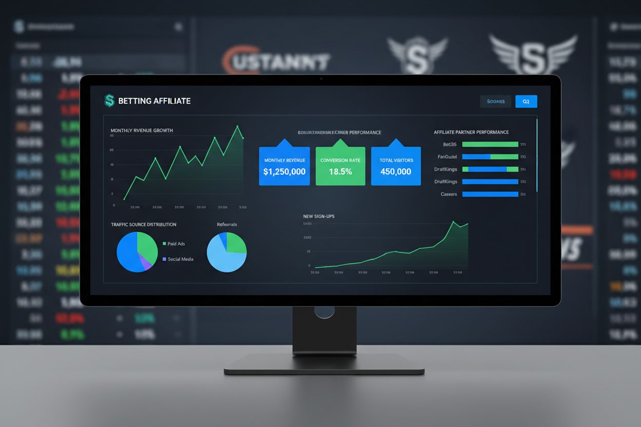 Professional betting affiliate website dashboard showing analytics, growth metrics, and performance data