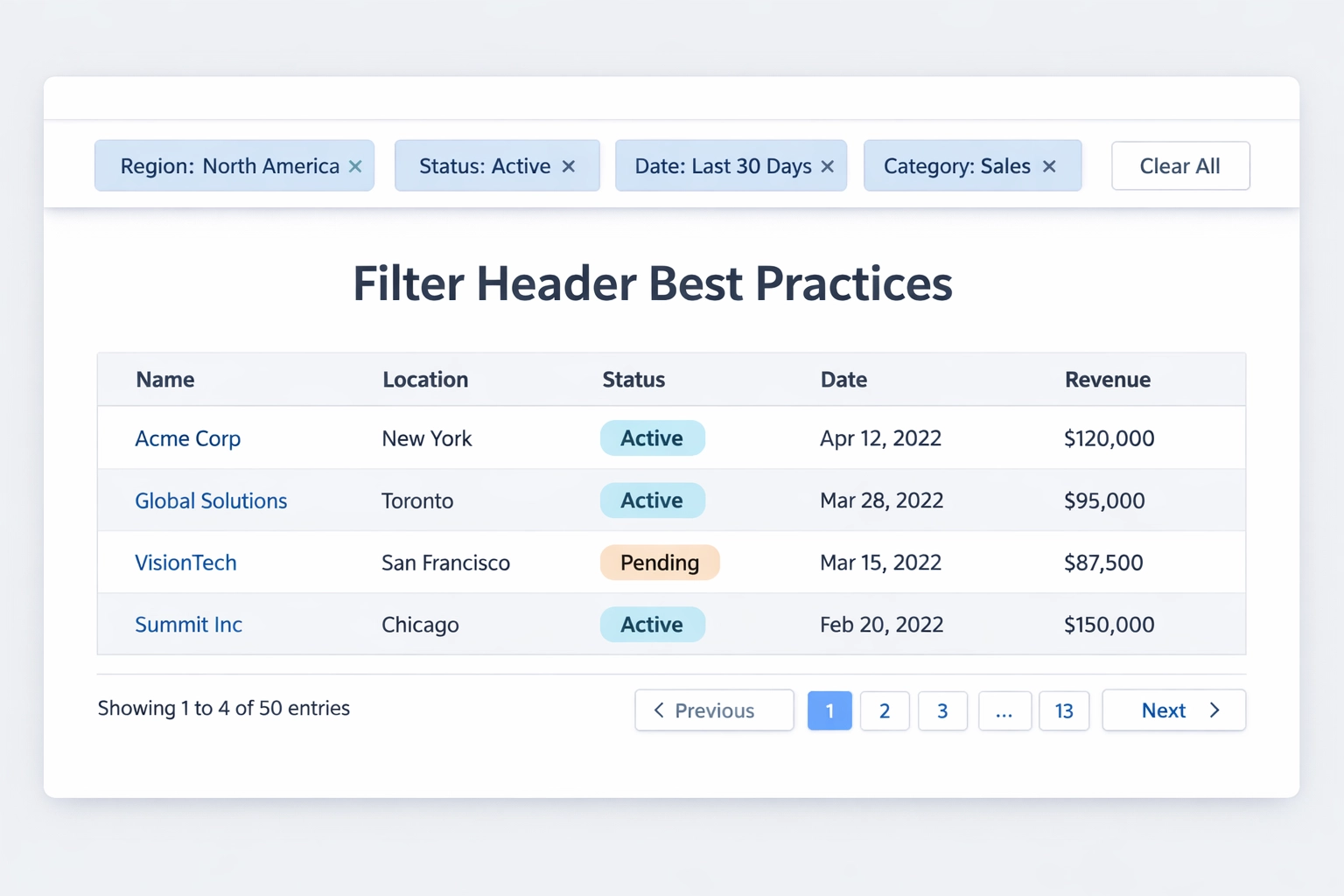 Filter header best practices implementation showing modern UI design