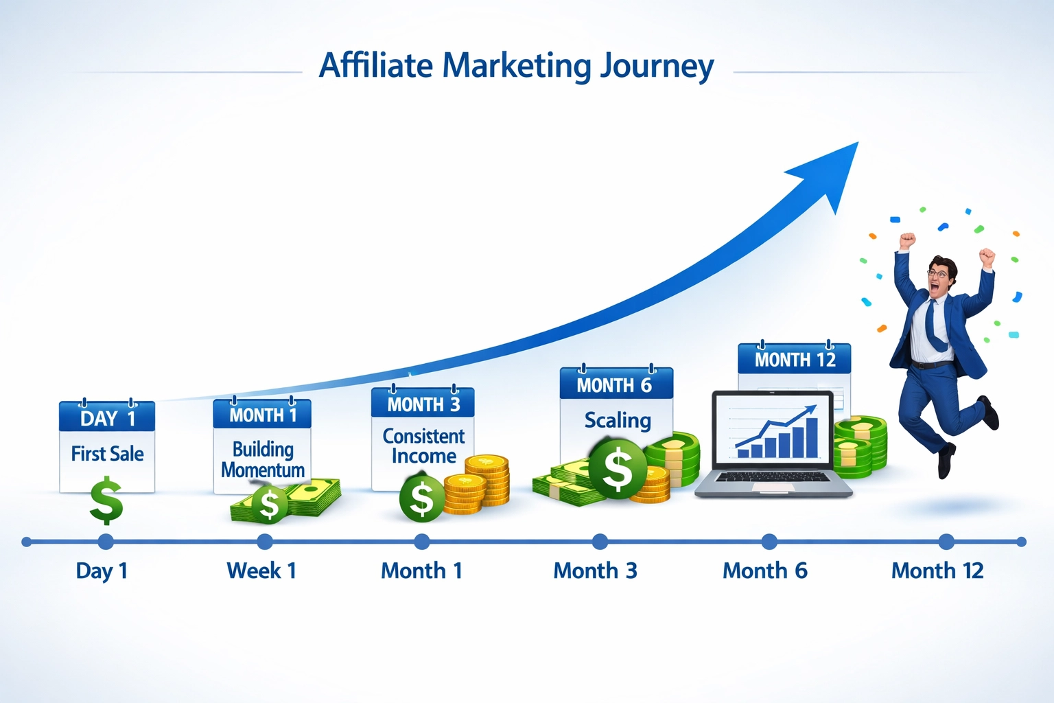 Affiliate marketing timeline showing progression from Day 1 to 12 months with income milestones