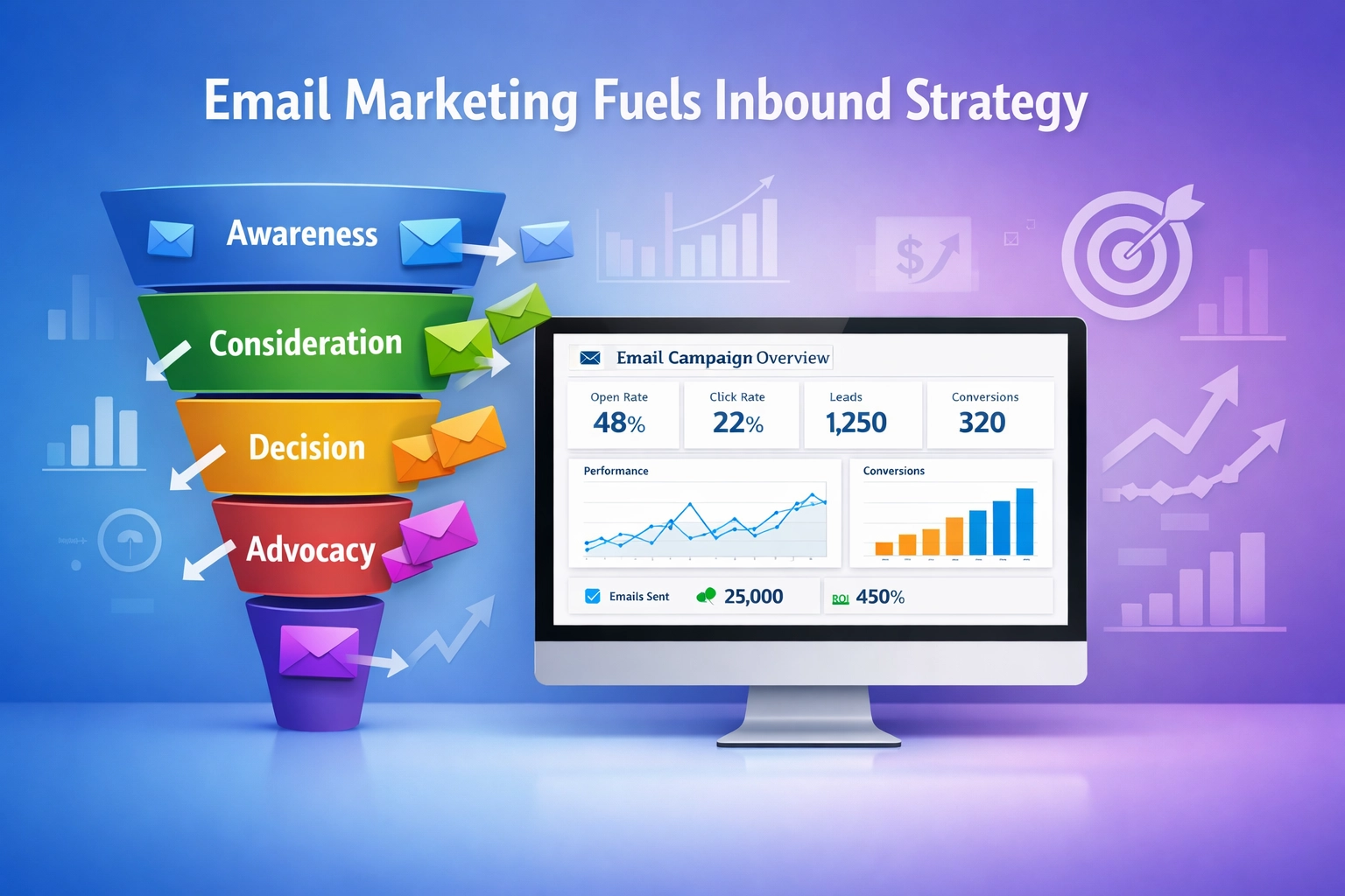 Email marketing dashboard showing sales funnel stages with email icons flowing through awareness, consideration, decision, and advocacy stages