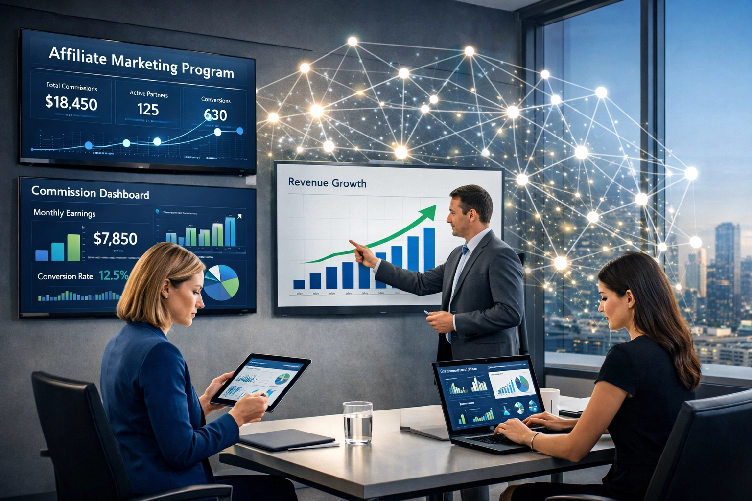 B2B affiliate marketing program launch with business professionals analyzing performance metrics