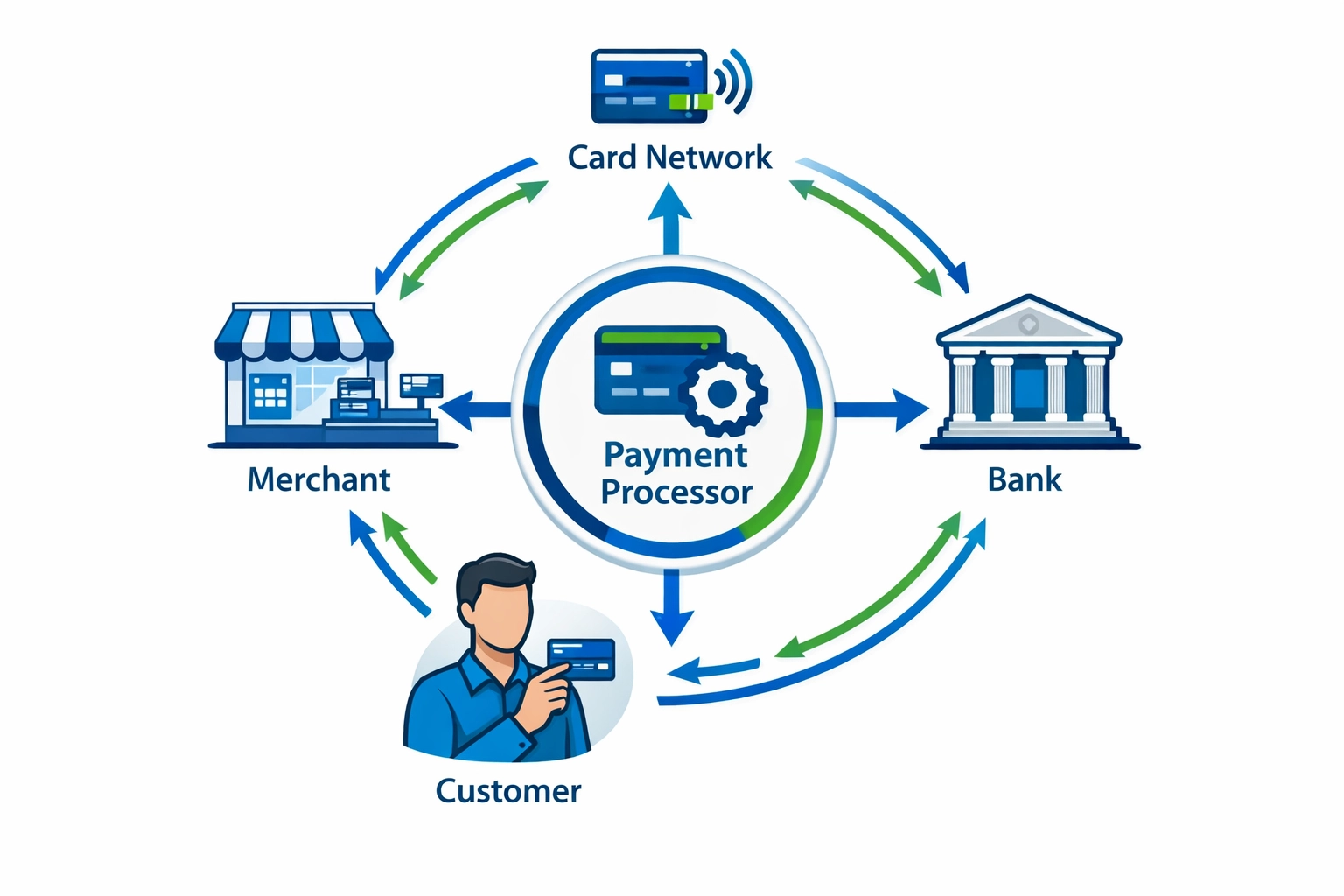 Payment processor ecosystem showing transaction flow between merchant, customer, processor, bank, and card networks