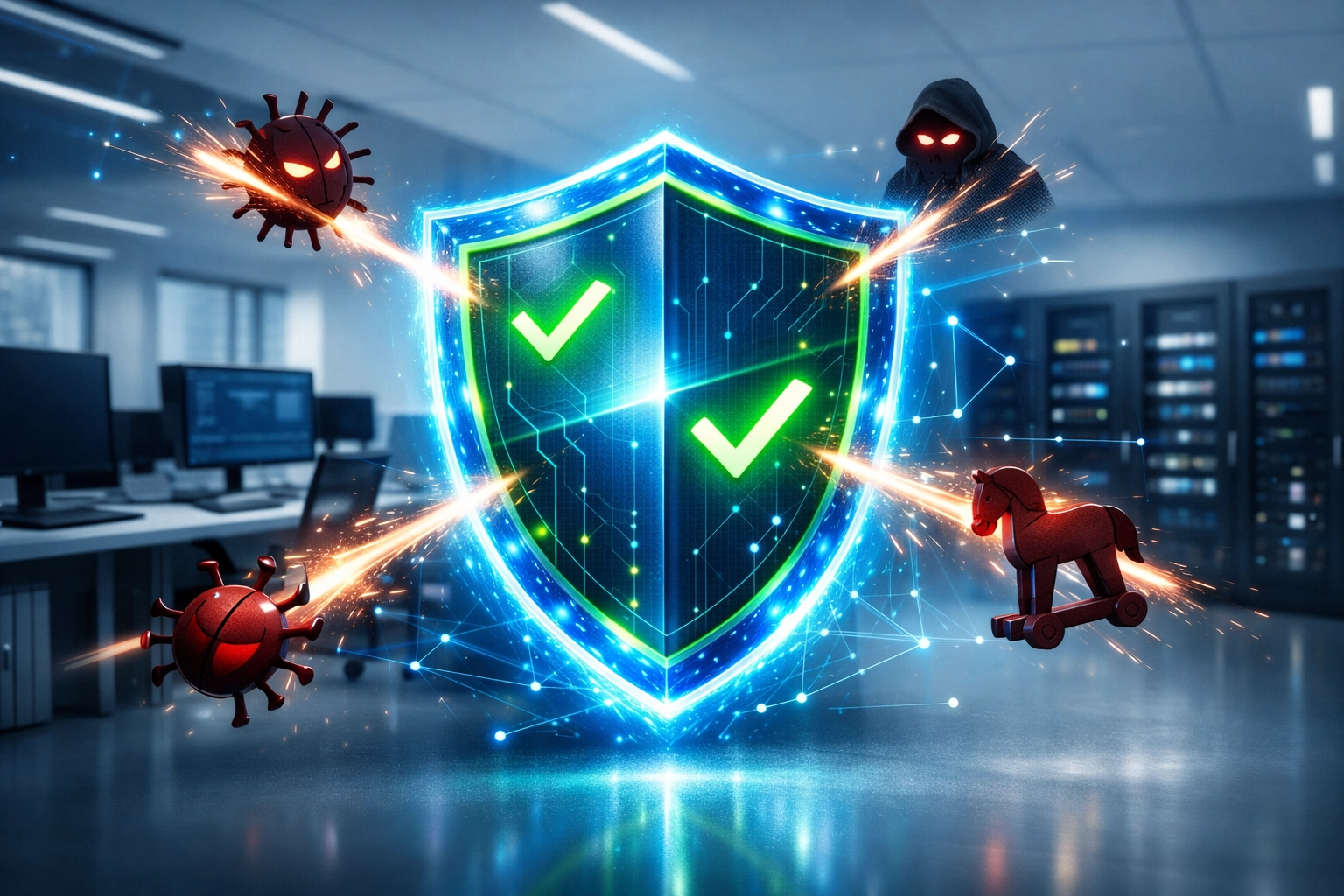 Digital security shield protecting business networks from malware threats