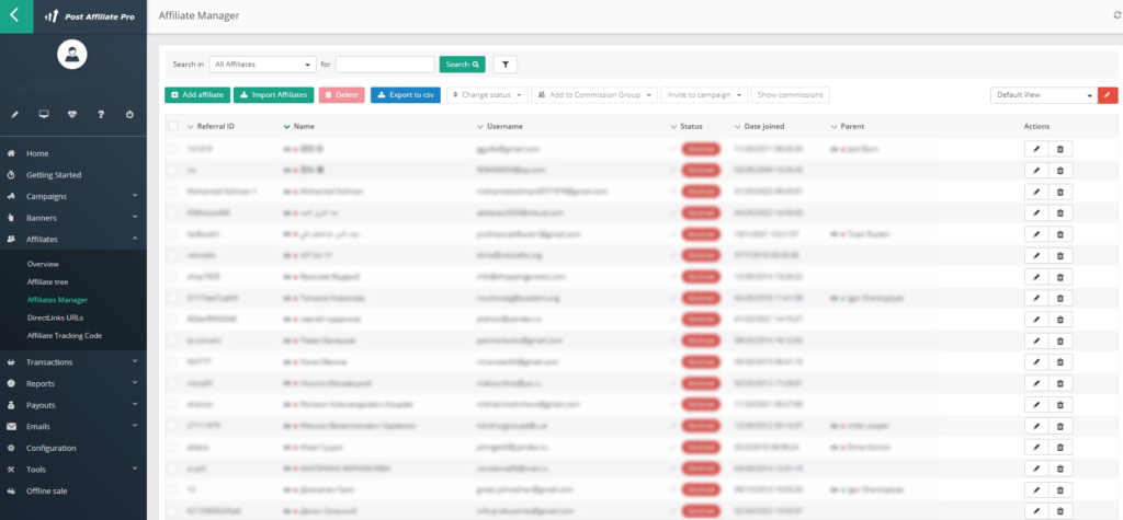 Post Affiliate Pro - Sorting affiliate managers by name