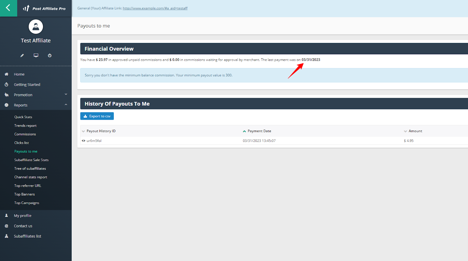 Affiliate panel displaying financial overview, payout history, and navigation menu