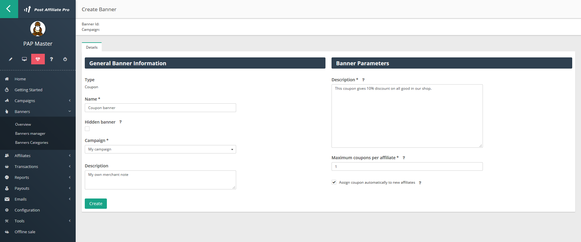 Create coupon banner in Post Affiliate Pro