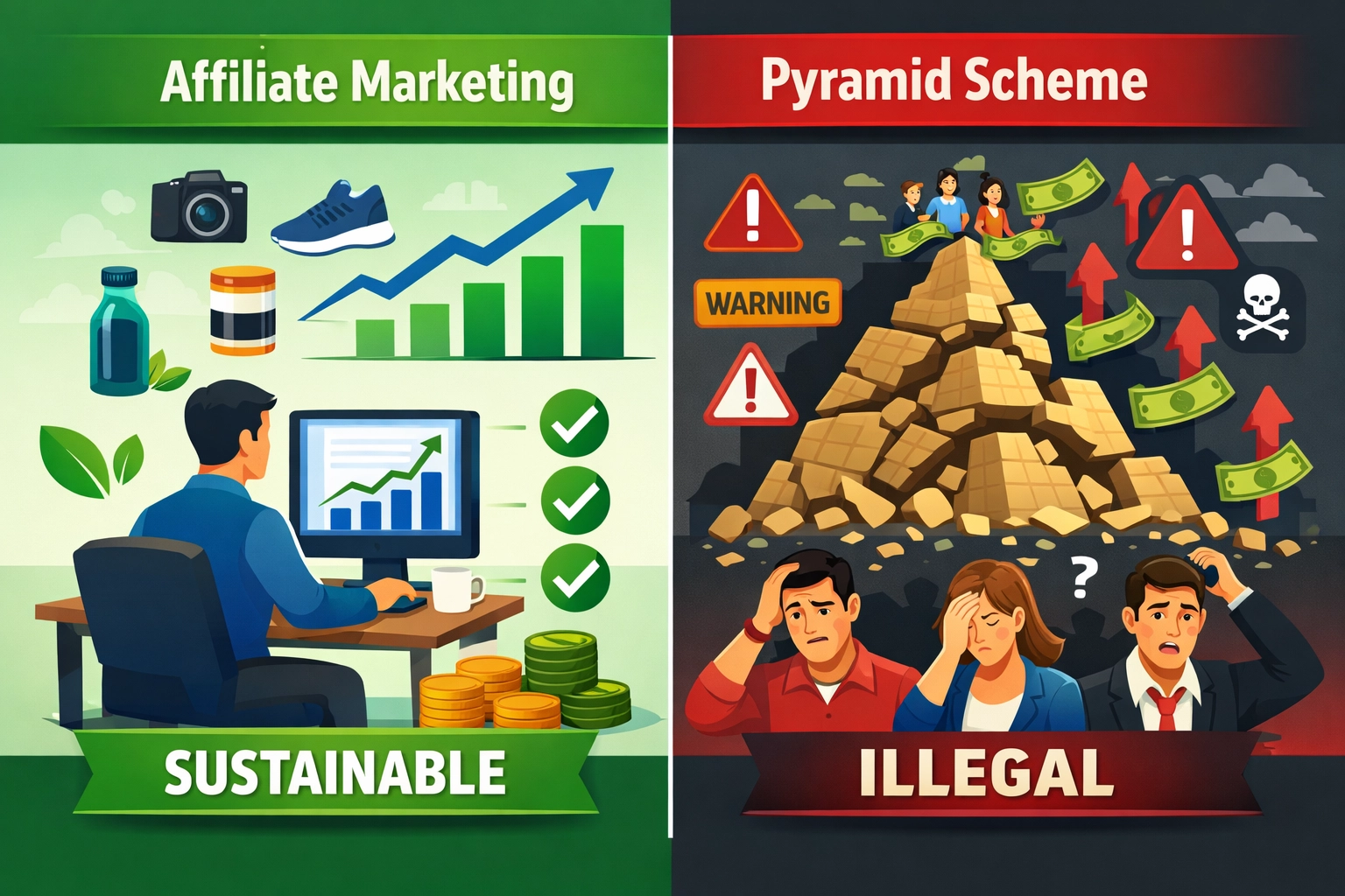Comparison between legitimate affiliate marketing and pyramid schemes
