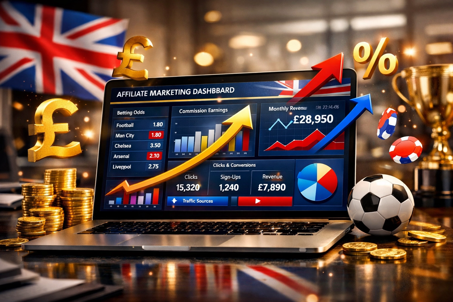 UK sportsbook affiliate marketing dashboard showing commission tracking and betting odds
