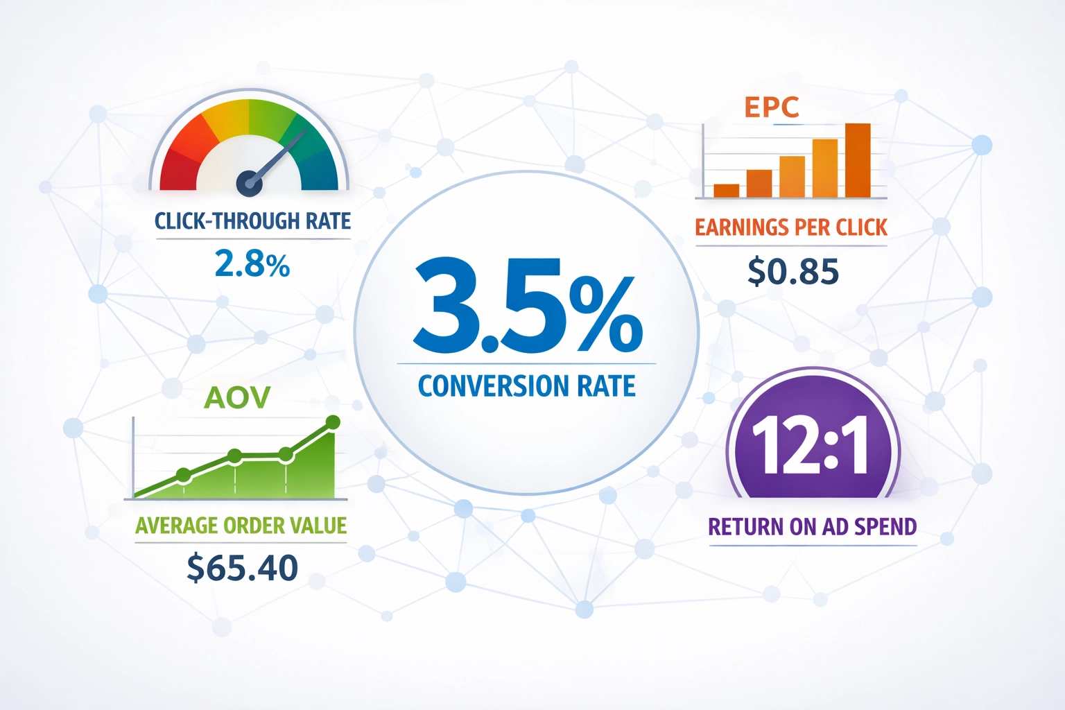 Analytics metrics visualization showing conversion rate, CTR, EPC, AOV, and ROAS