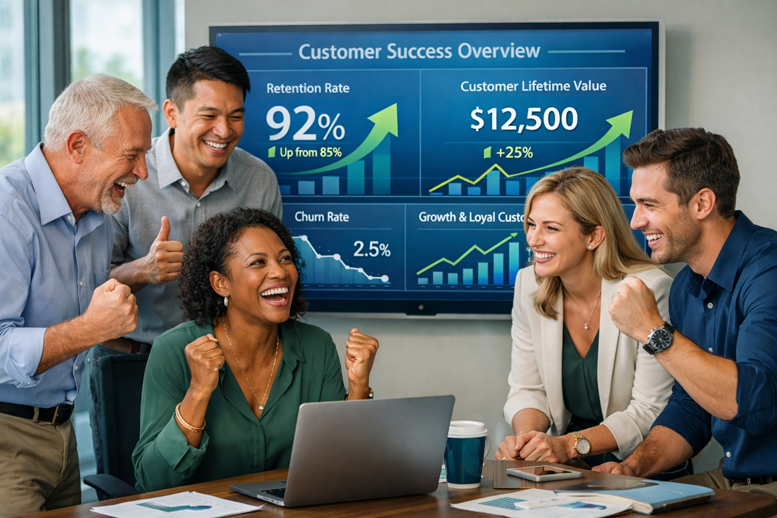 Professional business team celebrating customer success with retention metrics dashboard