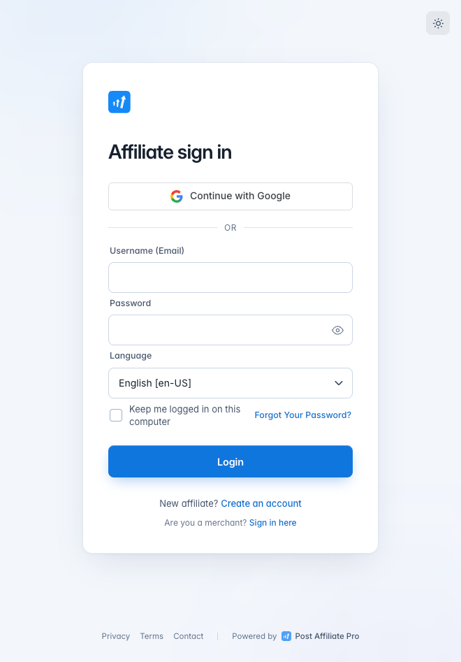 Post Affiliate Pro Sign in with Google button on the login screen
