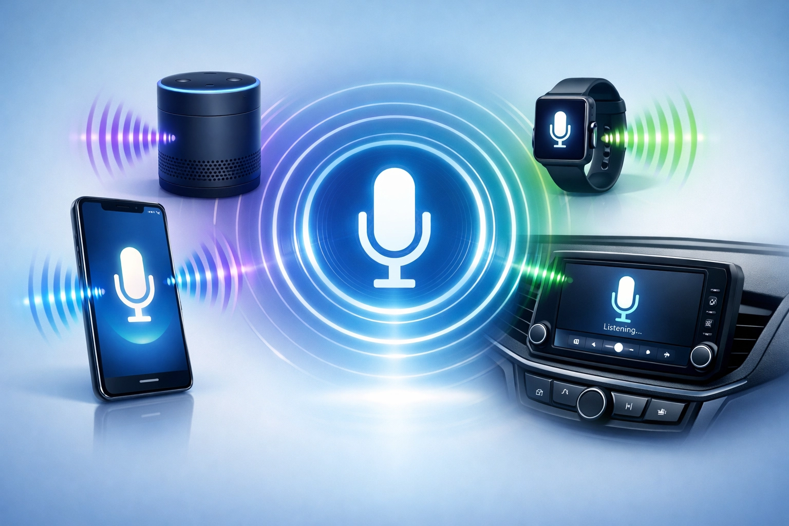 Voice search technology across multiple devices including smartphones, smart speakers, smartwatches, and car dashboards with sound waves and microphone icons