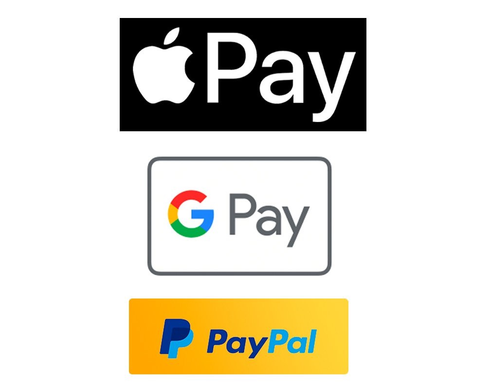 Apple Pay, Google Pay and PayPal logos