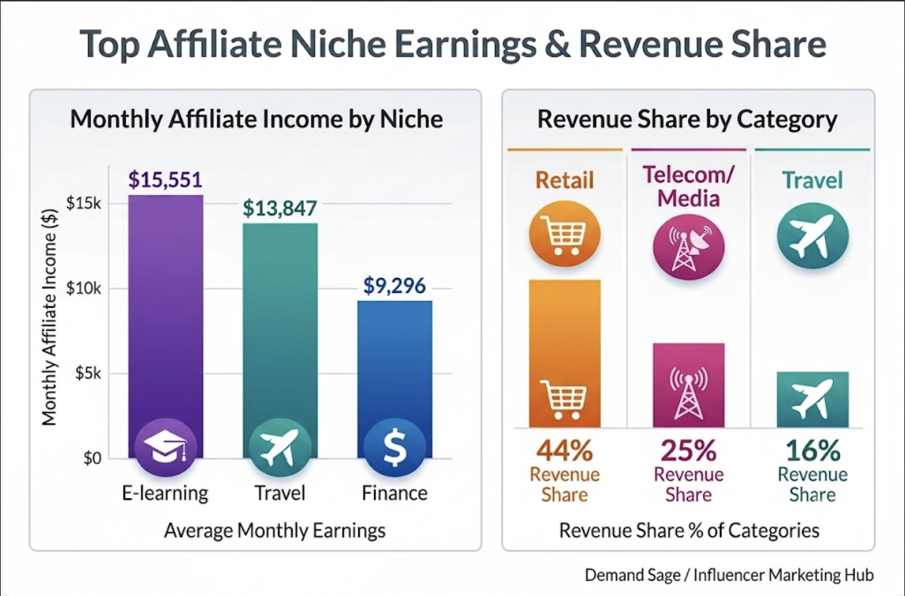 Top affiliate marketing niches comparison chart showing earnings and commission rates