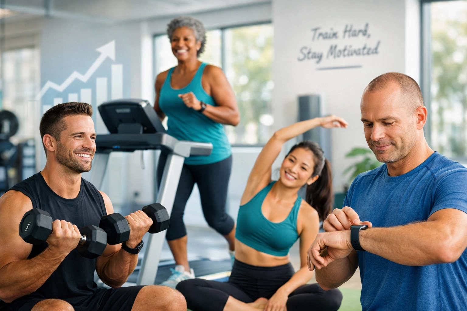 Diverse group of people in modern gym environment with fitness equipment and natural lighting