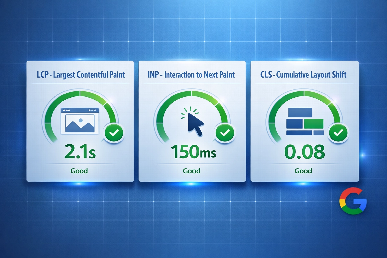 Core Web Vitals metrics dashboard showing LCP, INP, and CLS measurements
