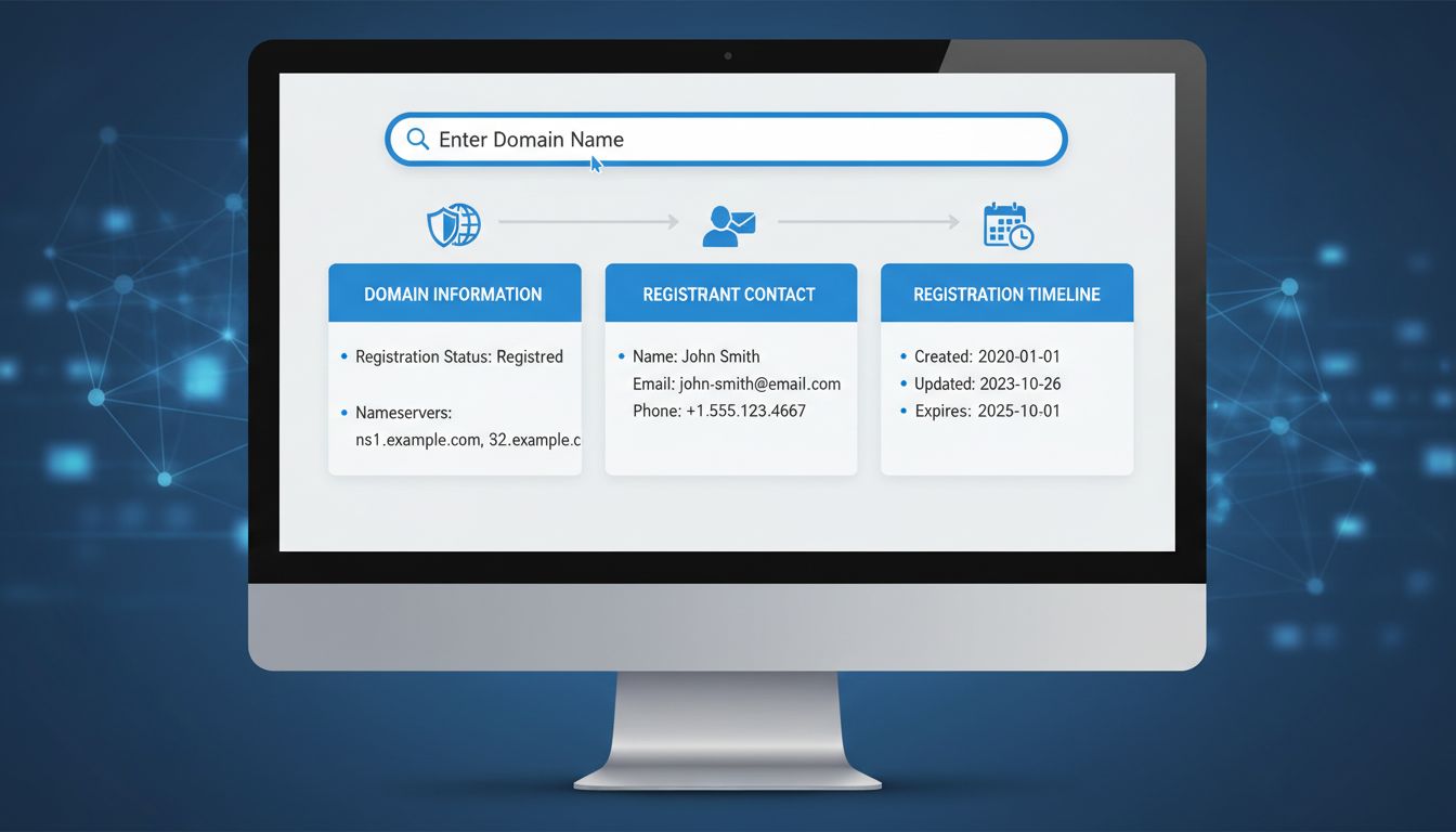 WHOIS domain lookup process showing domain information, registrant contact, and registration timeline