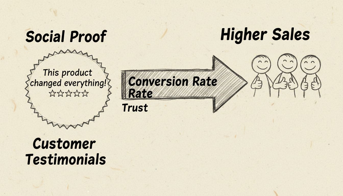 Hand-drawn diagram showing testimonials improving affiliate campaign results with social proof, trust, and higher sales