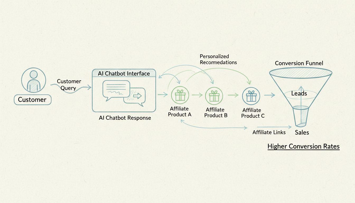 Chatbot workflow diagram for affiliate marketing showing customer query, AI response, personalized recommendations, affiliate links, and conversion funnel