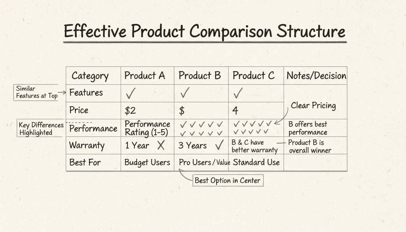 Effective product comparison table structure showing side-by-side comparison with similar features at top, key differences highlighted, clear pricing, and best option in center