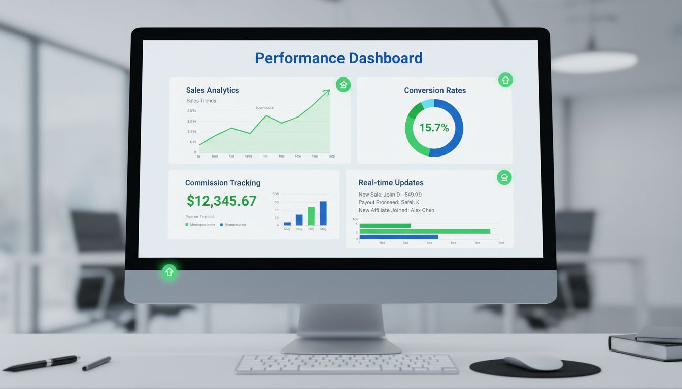 Affiliate program dashboard showing performance metrics, commission tracking, real-time updates, and growth indicators