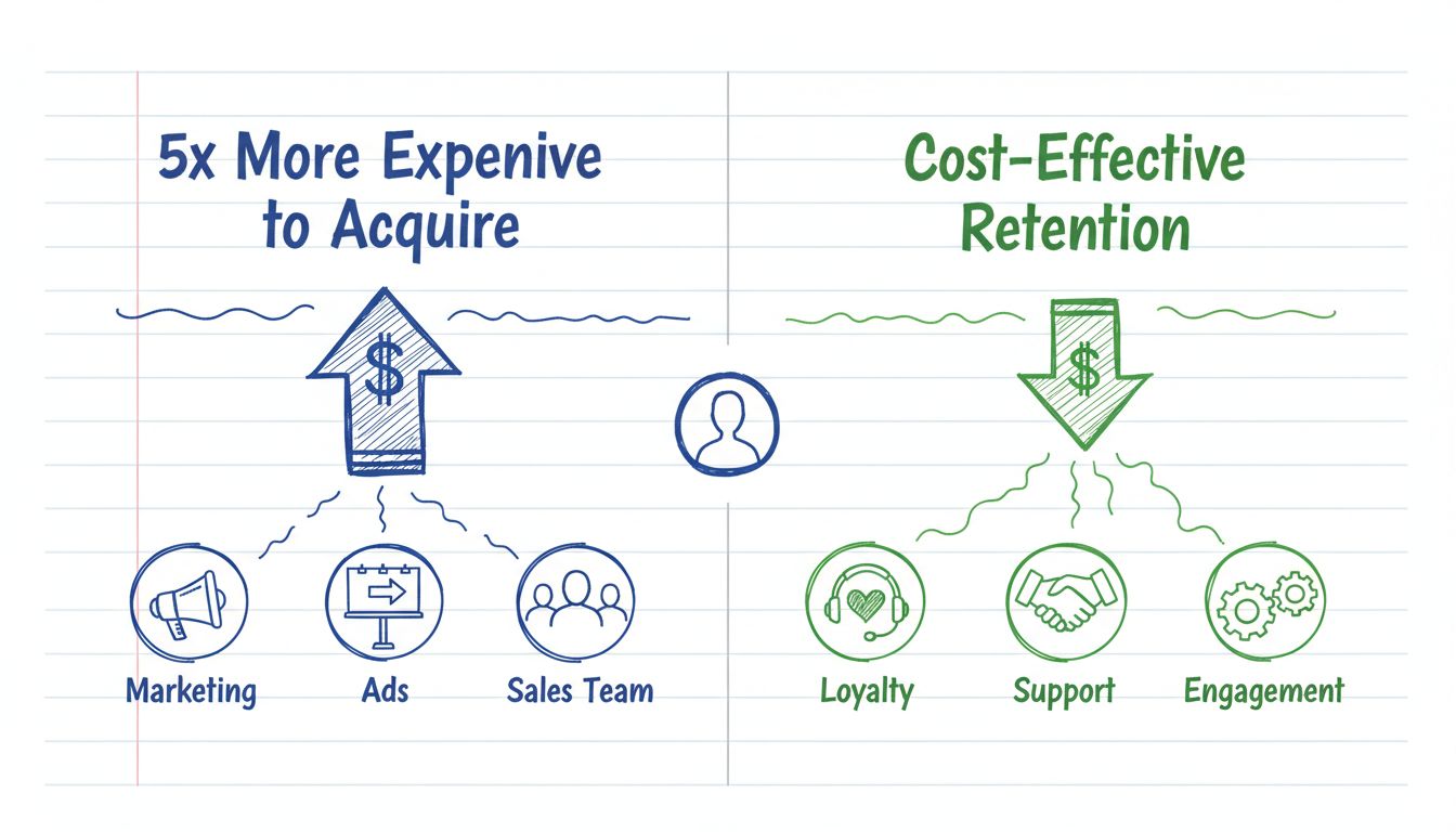 Customer acquisition cost vs retention cost comparison infographic showing 5x more expensive to acquire vs cost-effective retention