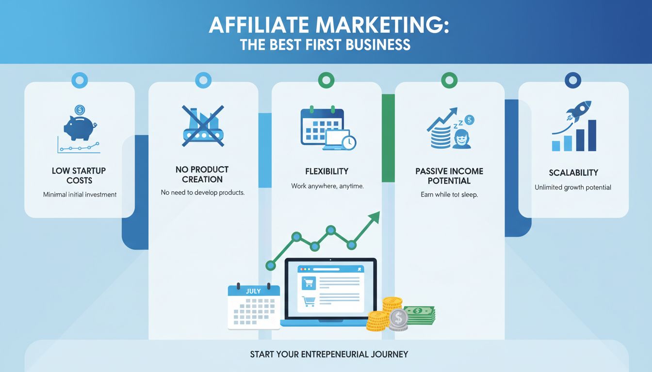 Infographic showing benefits of affiliate marketing as first business including low costs, flexibility, passive income, and scalability