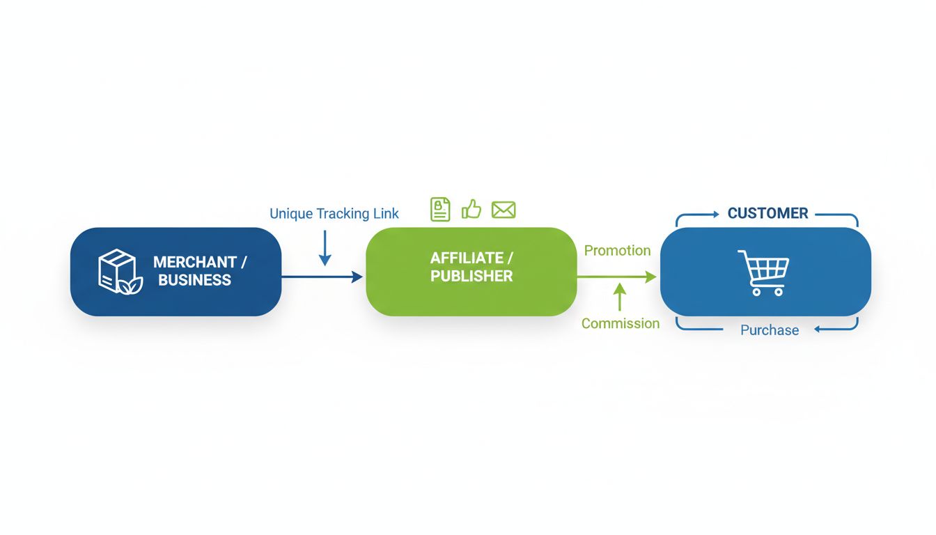 Affiliate marketing program flow diagram showing merchant, affiliate, customer, and commission structure
