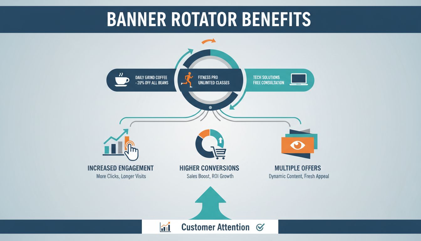 Banner rotator benefits infographic showing rotating promotional banners with engagement metrics and conversion tracking
