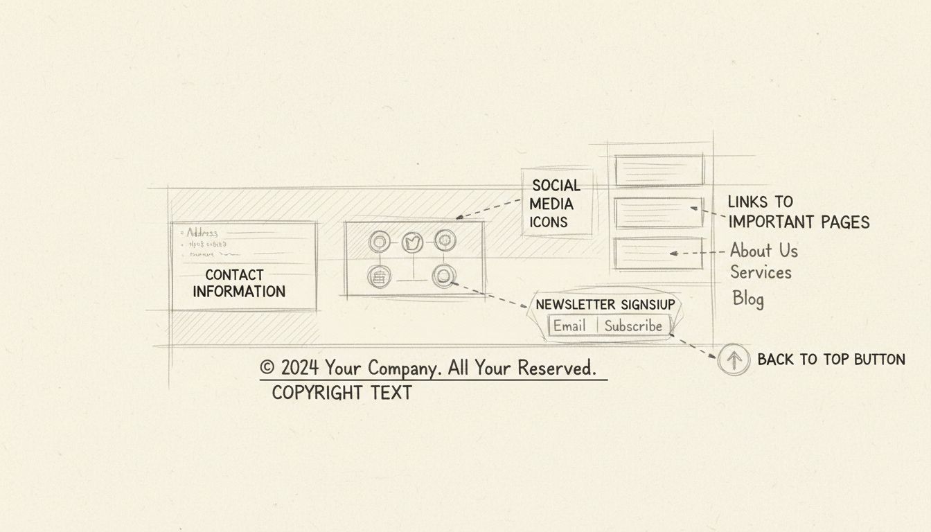 Website footer layout diagram showing contact information, social media icons, copyright text, navigation links, newsletter signup form, and back to top button